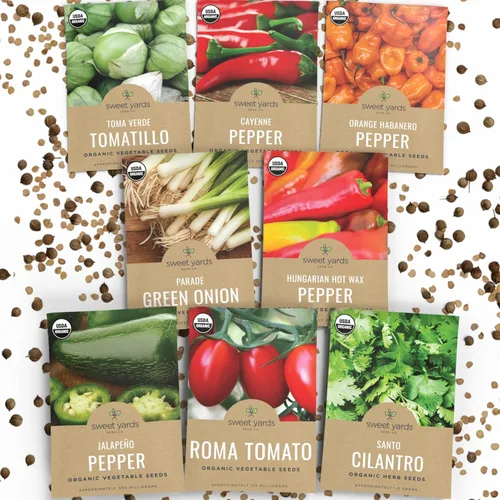 Paquete variado de semillas de jardín de salsa orgánica, 8 paquetes individuales, temporada 2026, pimienta de cayena, tomate Roma, cilantro y más