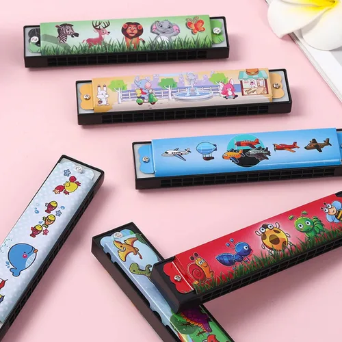 Miniatura 5 de 12 piezas de armónicas para niños a granel Juguetes de instrumentos musicales de 16 agujeros para regalos de fiesta de cumpleaños, rellenos