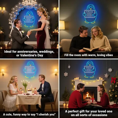 Miniatura 5 de Regalos para el día de San Valentín para ella, él, novio, novia, letrero de neón LED de pingüino azul, decoración romántica de pared para parejas