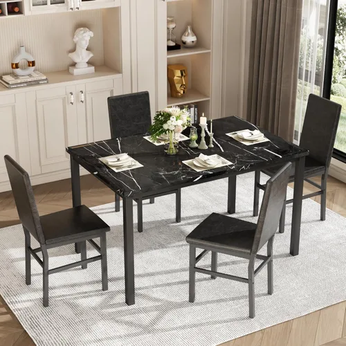 Miniatura 7 de Juego de mesa de comedor para 4, juego de comedor de mármol sintético de 5 piezas, 4 sillas tapizadas de poliuretano, muebles de mesa de cocina