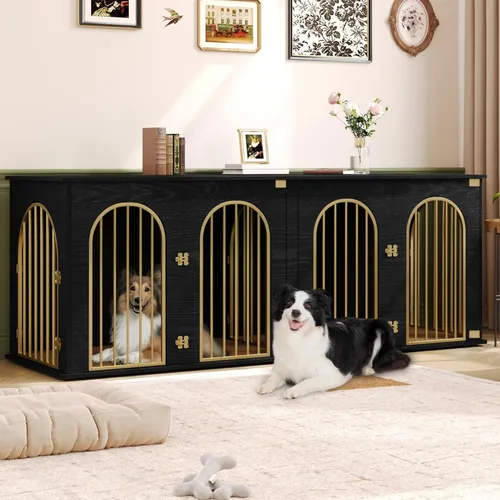 Miniatura 19 de Hzuaneri Mueble de jaula para perros de 88.4 pulgadas para 2 perros, soporte de TV para perreras de interior resistente, jaula de madera XXL