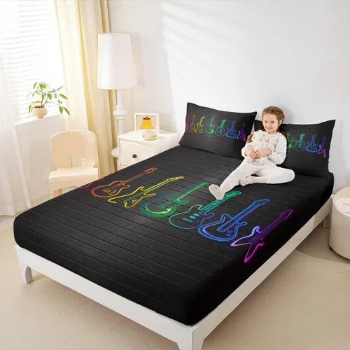 Miniatura 11 de Erosebridal Juego de sábanas de tamaño individual con temática musical, con estampado de notas musicales, juego de cama ajustable en blanco y negro