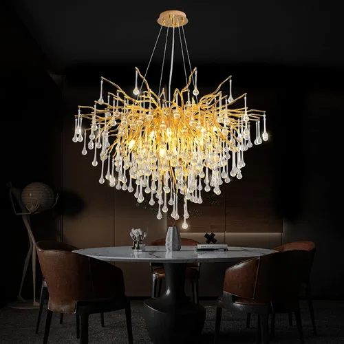 Miniatura 12 de Candelabro de cristal negro de 23.6 pulgadas, moderno colgante de techo de flores, iluminación colgante de rama de árbol, gota de lluvia, lámpara
