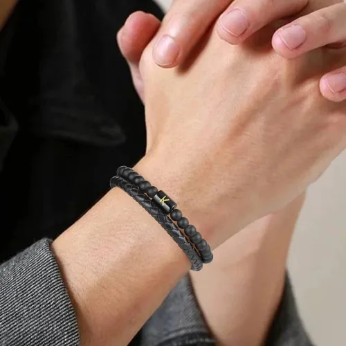 Miniatura 4 de Layered Leather Beads Initial Bracelets for Men, Braided Leather Natural Stone Bracelets for Men with Magnetic Clasp Mens Leather Beaded Bracelets
