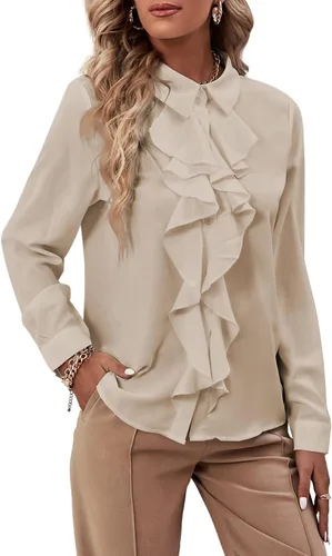 Miniatura 21 de LYANER - Blusa de manga larga con cuello de botón y volantes en la parte delantera para mujer