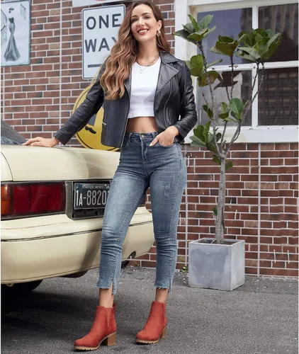 Miniatura 2 de JABASIC - Botines casuales de ante para mujer con tacón de bloque, botas de meter tipo Chelsea