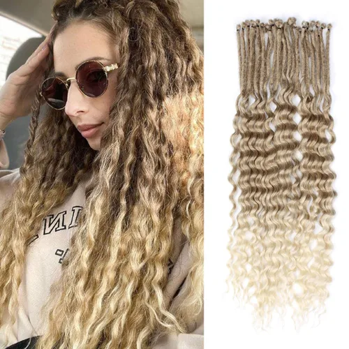 Miniatura 28 de Extensiones de rastas trenzadas bohemias de 24 pulgadas, 10 hebras de rastas sintéticas rizadas color marrón degradado con trenza de caja, rastas