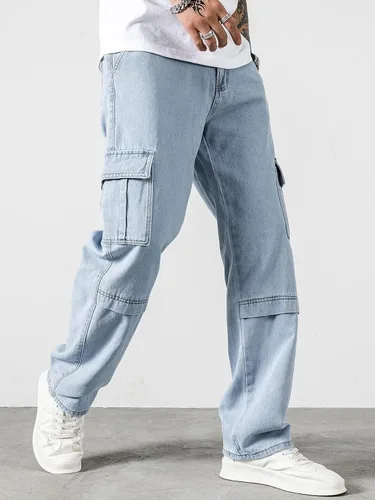 Miniatura 5 de Jeans para hombre con letras parcheadas con detalle de solapa, bolsillo lateral, jeans cargo para hombres