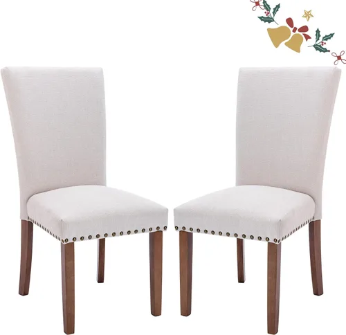 Juego de 2 sillas tapizadas de tela para comedor, sillas de cocina estilo Parsons con ribete de cabeza de clavo y patas de madera - Beige