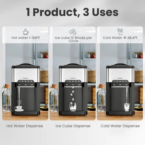 Miniatura 2 de COSTWAY - Dispensador de agua de sobremesa con máquina de hielo, dispensador portátil 3 en 1 frío y caliente con máquina de hielo de 48LBS/24H