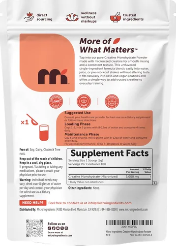Miniatura 7 de Micro Ingredients Monohidrato de creatina en polvo, 17.64 oz (1.1 libras), 5000 mg por porción, creatina en polvo micronizada, sin sabor, sin
