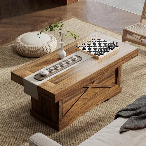 Miniatura 7 de Mesa de café Lareth 39 pulg. Mesa de centro rústica con pedestal de madera en X para sala de estar, ahorro de espacio, mesa de té de diseño