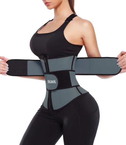 ANGOOL - Entrenador de cintura de neopreno para mujer, cinturón recortador de talla grande, cinturón para sauna, corsé con cremallera Gris-oscuro
