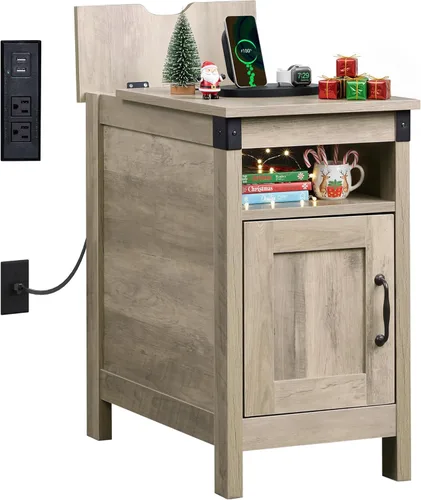 Miniatura 11 de WLIVE - Mesa auxiliar con estación de carga; mesa auxiliar estrecha para sala de estar, mesa de noche de estilo granja con almacenamiento, pequeño