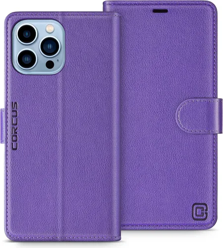 Miniatura 11 de Funda tipo cartera para iPhone 13 Pro Max de 6.7 pulgadas, con bloqueo RFID, tarjeteros, función atril, cierre magnético, de piel sintética, Coñac