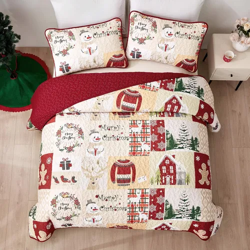 Miniatura 3 de DJY Juego de Edredón de Navidad Tamaño King, Juego de Colcha Coverlet de Retazos de Muñeco de Nieve de Pan de Jengibre 3 Piezas Edredón a Cuadros