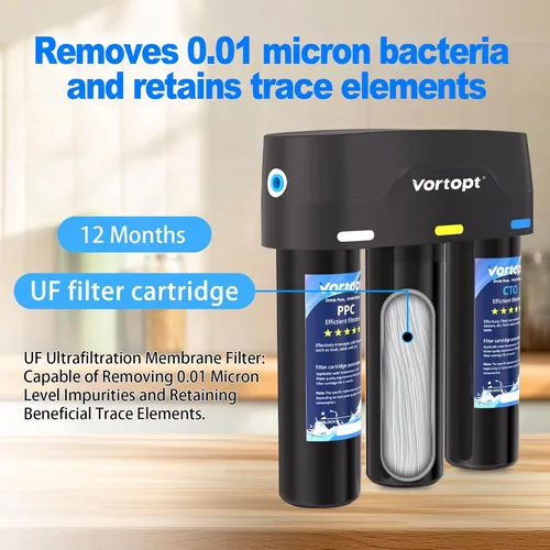Miniatura 3 de Vortopt F03 - Sistema de filtro de agua para debajo del fregadero, filtración UF de 3 etapas de 0.01 micrones con alto flujo, reduce el cloro
