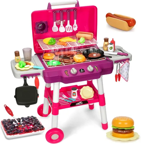 Juguetes de Cocina para Niños, Set de Parrilla BBQ para Jugar con Sonido de Humo y Luz, Juguete de Barbacoa de 2 Capas con Ruedas, Set de Juguetes