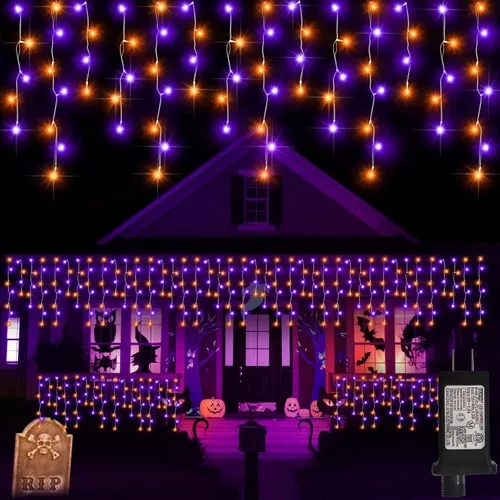 Luces de Halloween para exteriores de 52 pies, 480 luces LED de Halloween moradas y naranjas, 12 modos de iluminación con temporizador de memoria,