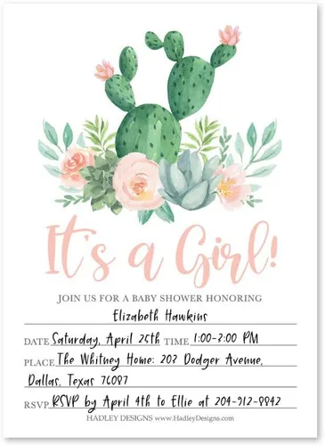 Miniatura 2 de Hadley Designs Invitaciones para baby shower para niña, 25 invitaciones de baby shower para niña, invitaciones de baby shower de cactus