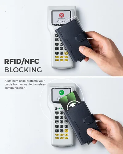 Miniatura 3 de VULKIT Cartera desplegable con ranuras de cuero, bloqueo RFID, funda de metal delgada para tarjetas