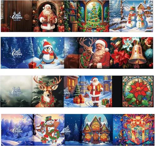 Miniatura 19 de LUSandy Paquete de 12 tarjetas de Navidad con pintura de diamante 5D para adultos, tarjetas de felicitación de arte con diamantes para gatos