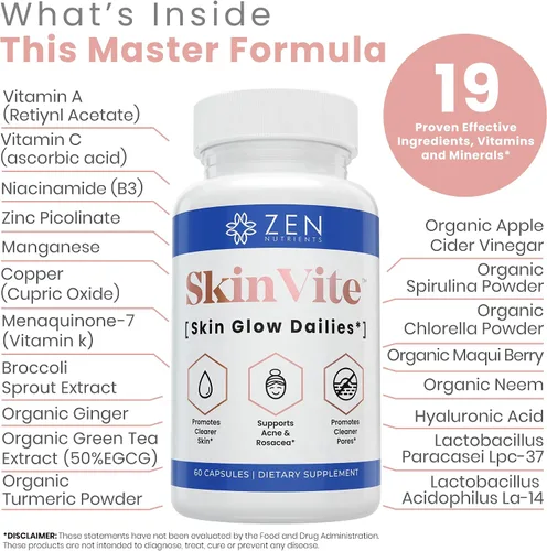 Miniatura 3 de Zen Nutrients SkinVite Suplemento natural para la piel para mujeres, hombres y adolescentes, brotes hormonales y suplemento de apoyo para la piel