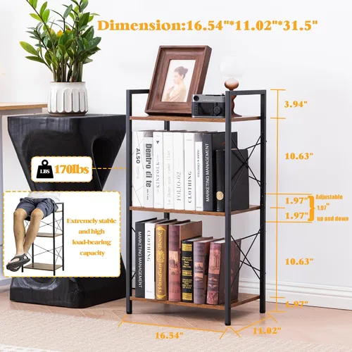 Miniatura 3 de HCHQHS Estantería Pequeña, Estantería Industrial Ajustable de 3 Niveles, Estantería Abierta Rústica, Estanterías Horizontales de Madera y Metal