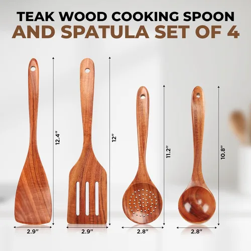 Miniatura 2 de Juego de utensilios de cocina de madera de teca natural - 4 piezas de cucharas de madera para cocinar con cucharón, espátula y cuchara ranurada