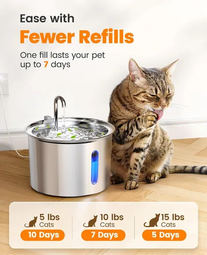 Miniatura 3 de oneisall Fuente de agua para gatos de acero inoxidable, fuentes de agua de 2 litros para gatos en interiores con bomba silenciosa y 3 filtros