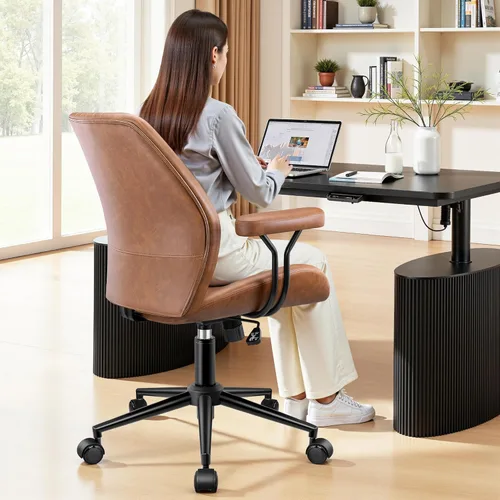 Miniatura 8 de HeroSet Silla de oficina de cuero con reposabrazos extraíbles, silla de escritorio ergonómica de respaldo medio con soporte lumbar, silla ejecutiva