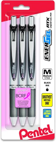 Pentel BCA Ribbon - Pentel EnerGel Deluxe RTX - Bolígrafo retráctil de gel líquido (¹/₃₂ pulgadas), línea mediana, punta metálica, barril plateado,