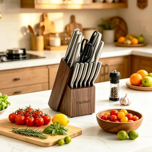 Miniatura 2 de Juego de bloque de cuchillos, juegos de cuchillos de cocina con bloque, juego de cuchillos FIKSHOT - Cuchillos Santoku ultra afilados