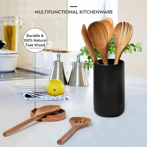 Miniatura 6 de Juego de utensilios de cocina, 8 piezas de utensilios de cocina de madera con soporte de cerámica (soporte negro)