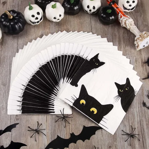 Miniatura 2 de Quera Paquete de 50 servilletas de papel desechables de gato negro, suministros para fiestas, servilletas de papel de Halloween, servilletas