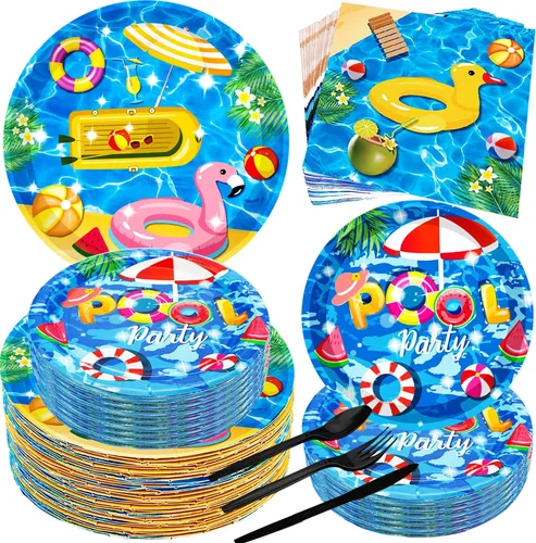 Juego de 150 piezas de suministros para fiestas en la piscina: platos de 9 y 7 pulgadas, servilletas, cuchillos, tenedores, cucharas para playa, Pool