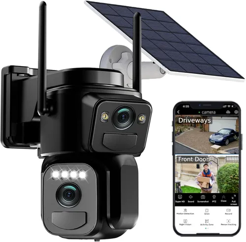 Uniter Cámaras de seguridad solar de doble lente inalámbricas para exteriores, WiFi 5G/2.4G, visión de 360°, panorámica/inclinación, cámara de