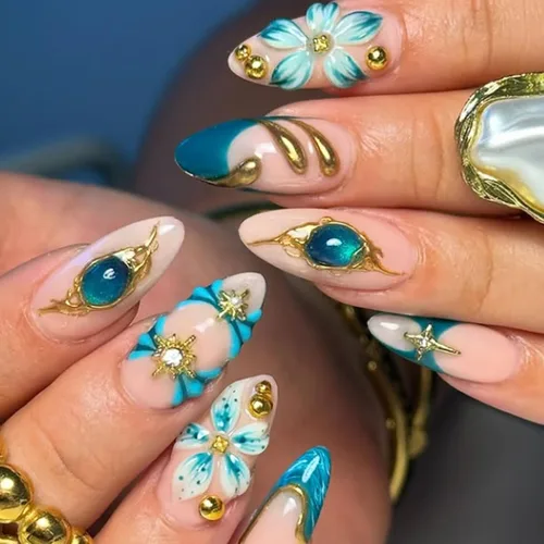Miniatura 18 de Uñas postizas medianas a presión de almendra, con lazo 3D, perlas y diamantes de imitación, diseños de flores, uñas adhesivas, uñas acrílicas
