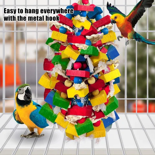 Miniatura 7 de Juguetes de loros para pájaros grandes, bloques de madera multicolor para masticar, jaula de loro, juguete para mordeduras para guacamayos