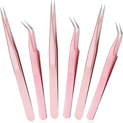 Miniatura 7 de Mudder 6 pinzas de pestañas de alta precisión para extensiones de pestañas, punta recta y curva, acero inoxidable para volumen de pestañas, Colorido