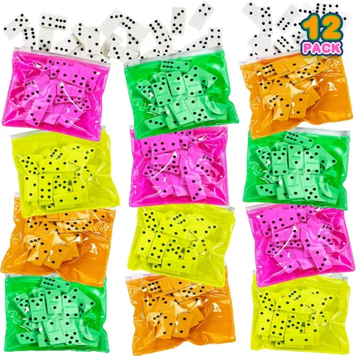 ArtCreativity Juego de dominó – Paquete de 12 – Cada juego de dominó incluye 28 piezas por bolsas rosa neón, amarillo, verde y naranja – Gran