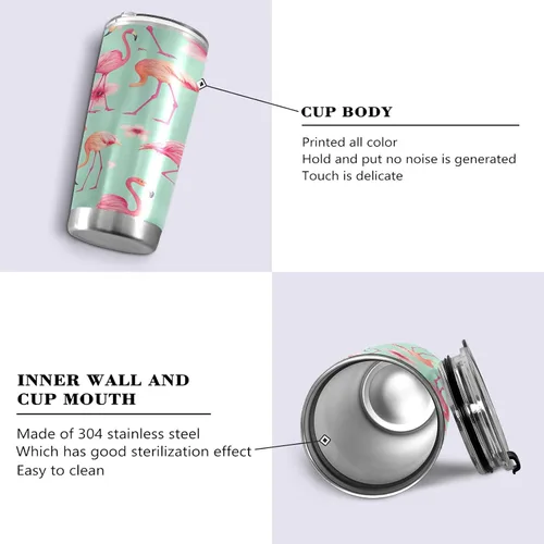 Miniatura 2 de Vaso de 20 onzas con tapa y pajilla, de acero inoxidable aislado al vacío, taza de café y agua, hermosa taza de viaje de flamenco rosa, taza térmica
