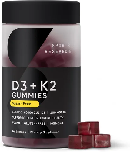 Sports Research® Suplementos de gomitas veganas de vitamina D3 + K2 - 5000iu Vitamina D con 100 mcg de vitamina K Mk7 - Apoya la salud ósea e