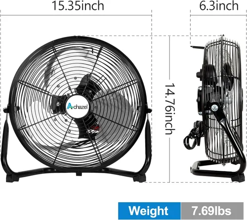 Miniatura 6 de ACHAZEL Ventilador de piso de alta velocidad de 12 pulgadas, ventilador de metal resistente de 3 velocidades con inclinación de 180°, comercial