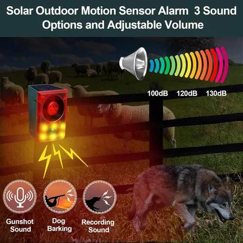 Miniatura 4 de Qualirey Sensor de movimiento solar para exteriores, alarma disuasoria de animales, sonido de disparo, alarma de ladridos de perro, generador