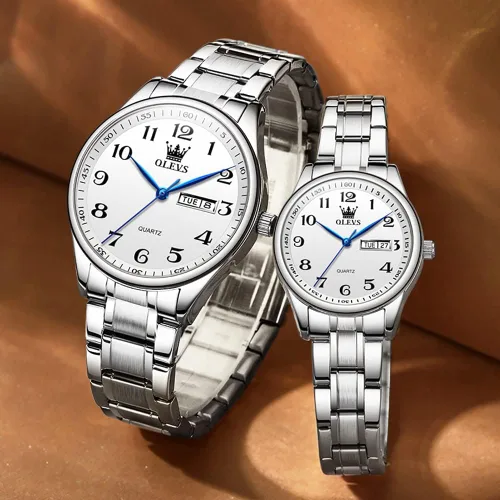 Miniatura 65 de OLEVS Juego de 2 relojes de cuarzo para parejas de San Valentín, calendario luminoso, ventana de fecha, 3 ATM, impermeable, casual, acero