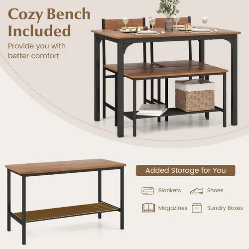 Miniatura 2 de COSTWAY Dining Table Set for 4, Space-Saving Dining Room Table with Bench and 2 Chairs, Storage Rack & Anti-Slip Foot Pads, Industrial Kitchen Table