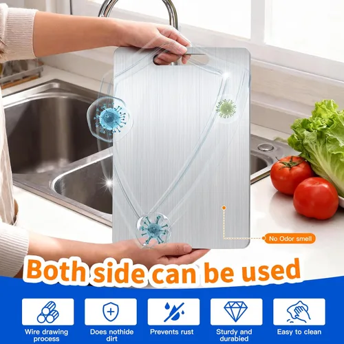 Miniatura 4 de Juego de 3 tablas de cortar de titanio para cocina, tablas de cortar de doble cara de metal de grado alimenticio para encimera de cocina, carne