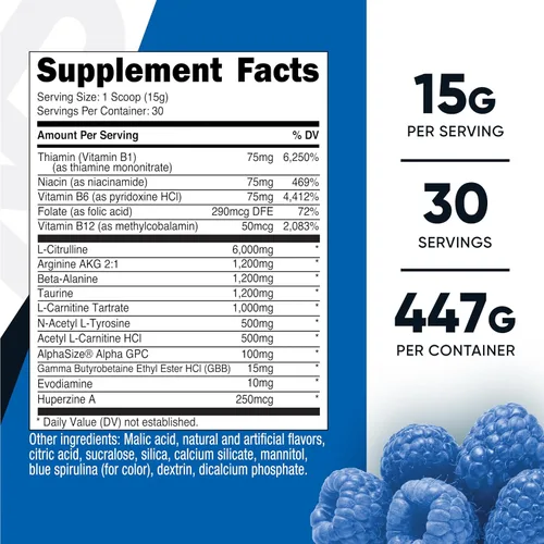 Miniatura 2 de Nutricost Pre-Entreno Sin Estimulantes, 30 Porciones (Frambuesa Azul) - Sin Cafeína, Sin OGM, Sin Gluten