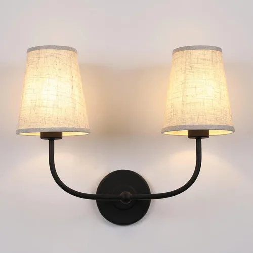 Miniatura 10 de Apliques de pared de 2 luces con embudo de tela de lino, lámparas de pared de doble luz para dormitorio, sala de estar, tocador, baño, pasillo, Latón